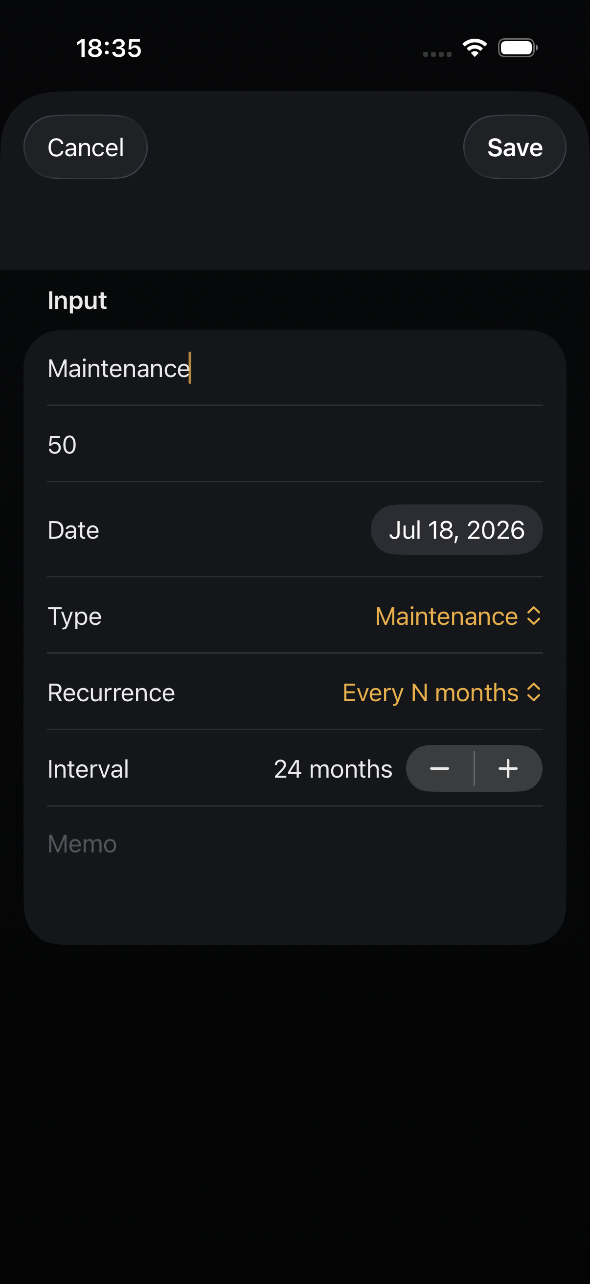 Monthd extra cost form for adding recurring maintenance costs